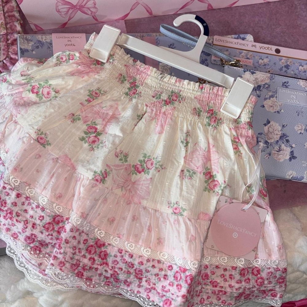 LoveShackFancy Rosa beaux tiered skirt blooming bows / rose pink girls size 9